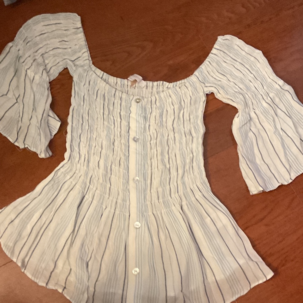 Olivaceous White and Blue Striped Blouse